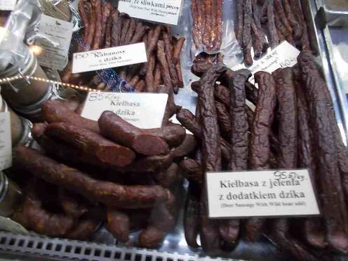 Meat / food products made of wild forest animals offered for sale during Christmas market in the cit