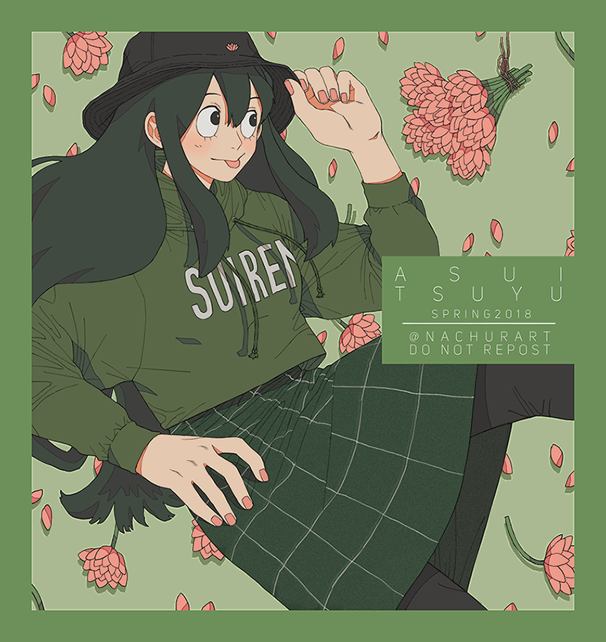 nachurart:Ochako &amp; Tsuyu wearing my outfits for spring~!! Please don’t