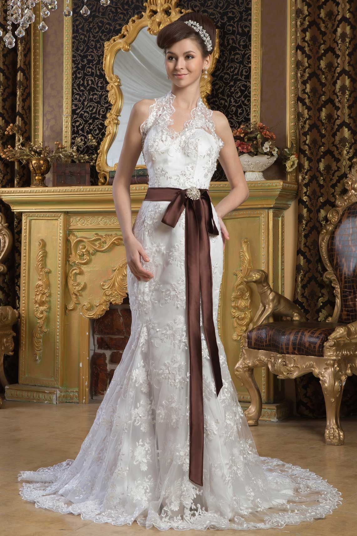 Court Train Sleeveless Trumpet Dropped Waist Lace Ribbon Halter Wedding Dress
only $248.49
msromantic.com