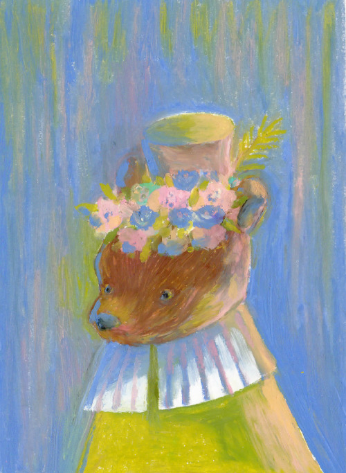Bear with flowers.oil pastels 