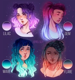 relseiyart:Which is your fav glowy gradient hair? Lilac - Gem - Wave - Flare I had fun experimenting with these! I really want to put some of them in actual illustrations now.  I usually do this sorta thing to experiment with hairstyles, colours, etc