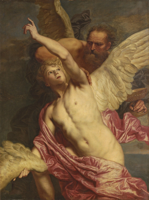 beautiful-belgium:Pieter Thijs - Daedalus fixing wings onto the shoulders of Icarus (17th century)