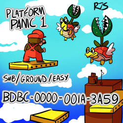 ronnieraccoon:  Here they are, my 10 Super Mario Maker levels! Platform Panic: BDBC-0000-001A-3A59My first level, it’s pretty basic. Many moving platforms and Paratroopa mounted plants! Dodge ‘n Bop: A3BC-0000-001C-6B2DAnother athletic level, treacherous