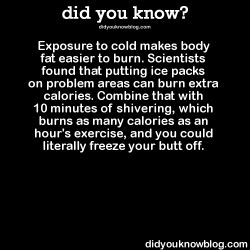 did-you-kno:  Exposure to cold makes body fat easier to burn. Scientists found that putting ice packs on problem areas can burn extra calories. Combine that with 10 minutes of shivering, which burns as many calories as an hour’s exercise, and you could