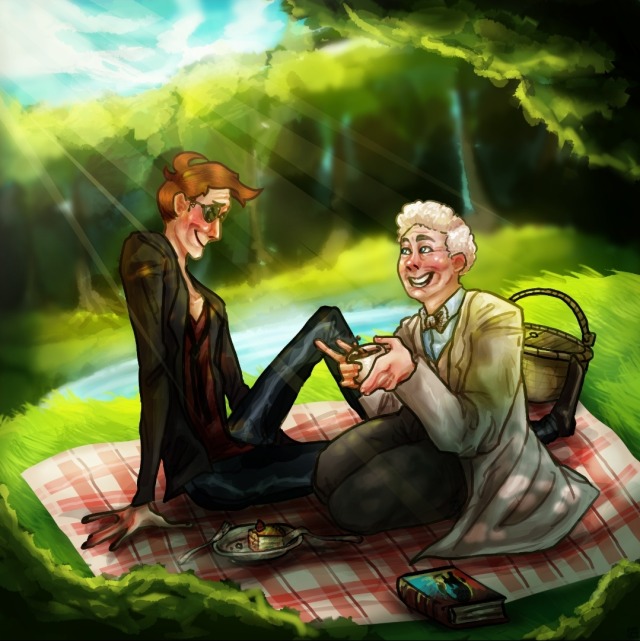 Crowley and Aziraphale from Good Omens having a picnic. They are sitting, and Aziraphale is talking excitedly while holding a cup of tea. Crowley is watching him, lovestruck. It's a beautiful day. 
