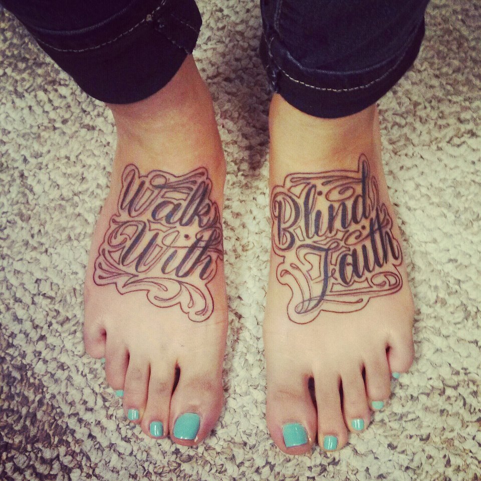 Walk By Faith text With Cross Tattoo On Foot