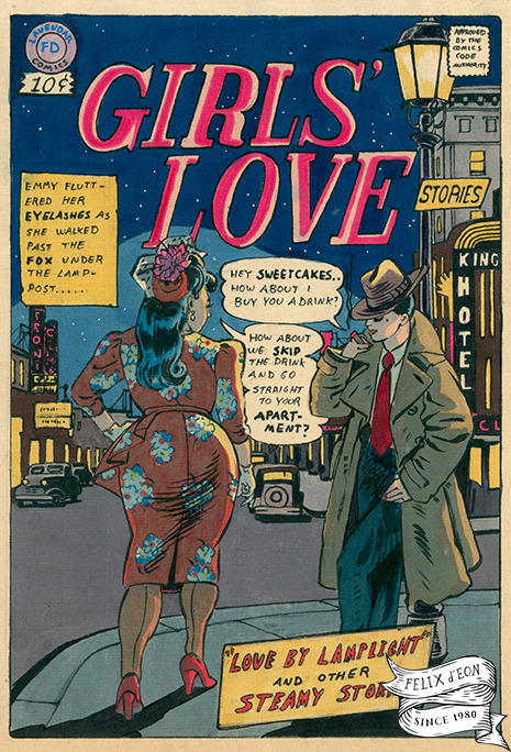 Girls Love, and other queer romantic stories, painted in the style of a mid century comic. Available