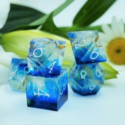 real dandelion puffs in this set - Breath of Summer https://www.devilsroostdice.com/ #dnd #dice