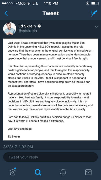 icescrabblerjerky:insanityofdanyi:Respect to Ed Skrein for dropping out of the Hellboy reboot. It’s 
