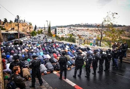 momo33me:  Thousands of Palestinians performed prayers in the streets of the Jerusalem on Friday after men under the age of 50 were prevented by Israeli authorities from entering the al-Aqsa mosque compound. . 31 October 2014 