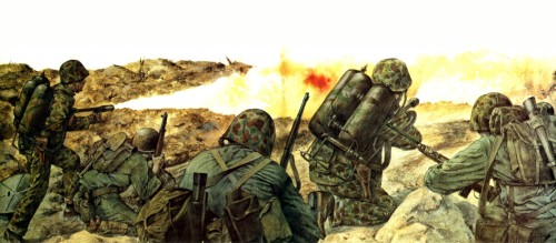 1945 Iwo Jima,  flamethrower Marines - Adam Hook- close up fit to screen