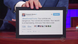 miceontoast:   sandandglass:  Senator Elizabeth Warren on The Late Show, July 21, 2016  COME FOR HIM ELIZABETH! 