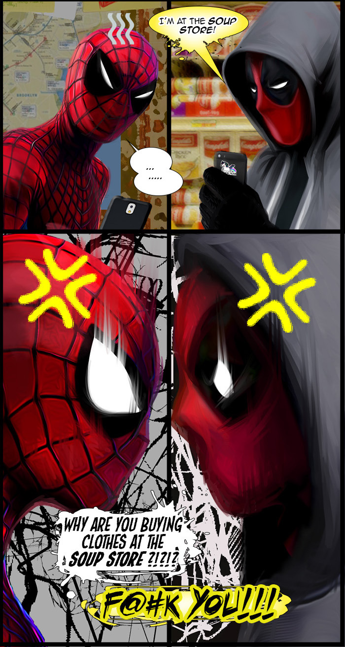 geminidragonjasminealexandra:  SpideyPool Soup These guys get along like soup! Inspired