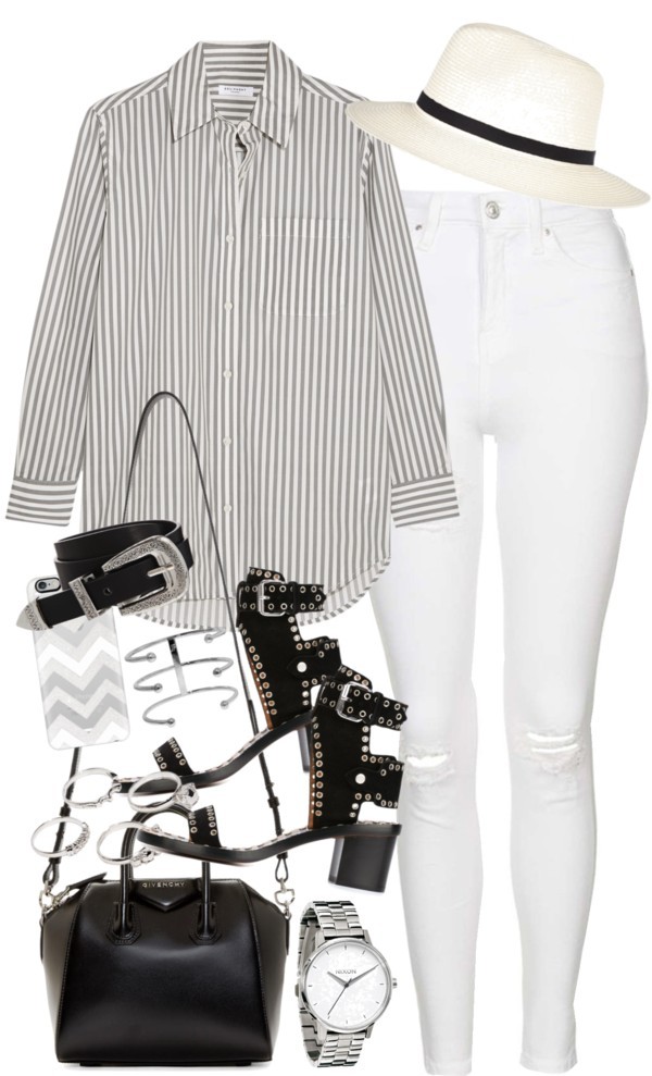 Outfit with white jeans and a striped shirt by ferned featuring white destroyed skinny jeans
Equipment relaxed fit top, 215 AUD / Topshop white destroyed skinny jeans, 105 AUD / Isabel Marant black studded sandals / Givenchy zipper duffle bag, 2 200...