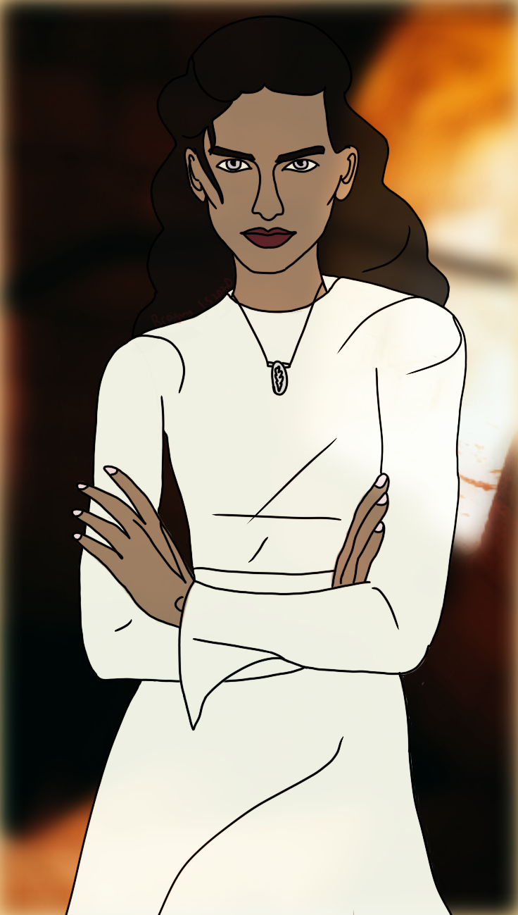 the baddest bitch of all, pauline du’lacy! seen here taking a break to pose like a goddamn legend during the fight against morgarath. i've drawn her with brown skin and dark brown hair, and she wears a necklace stamped with a laurel branch.