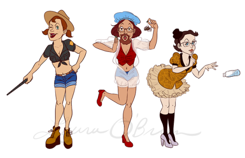 tazdelightful:[ID start: A digital illustration of three women dressed in “sexy” ve