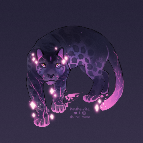 hawberries:elementals[images are 8 paintings of big cats with fantasy elemental motifs: a dark brown