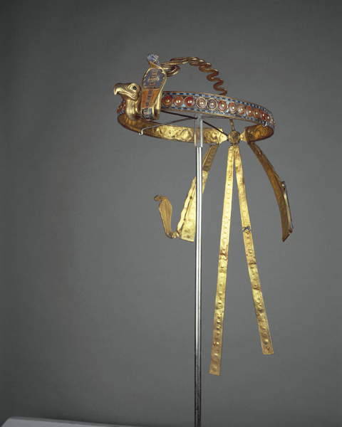 grandegyptianmuseum:  Royal  Diadem of TutankhamunThe royal diadem of Tutankhamun is made of gold, semi precious stones and vitreous pastes, with the Two Ladies Nekhbet (vulture) and Wadjet (cobra) on the forehead, deities of Upper and Lower Egypt. From