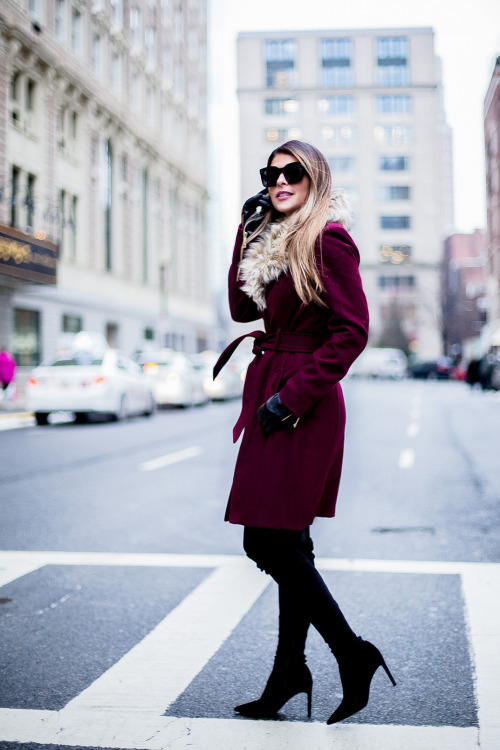 justthedesign: Pam Hetlinger wears this gorgeous faux fur collar over a crimson red wrap coat and b