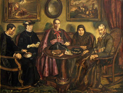 José Gutiérrez Solana (Madrid 1886 - 1945), La visita del obispo (the Bishop’s visit), 1926; oil on cardboard, 161 cm x 211 cm