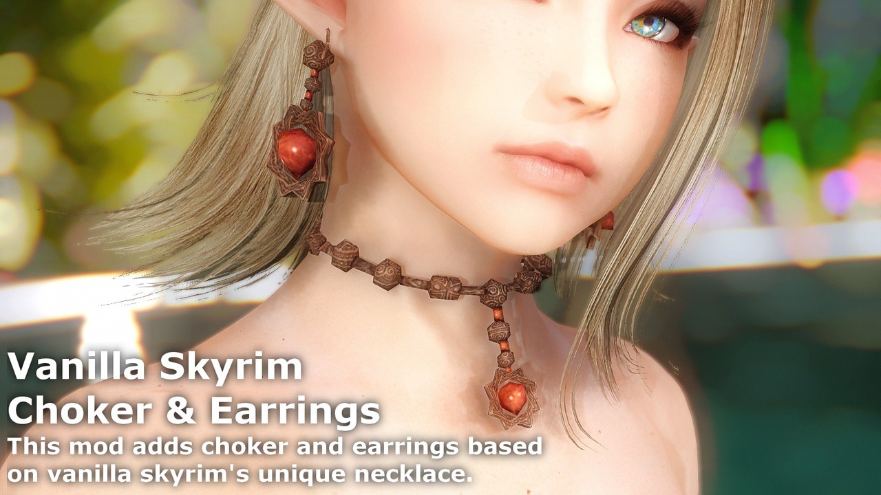 ありそうでなかった？ので作りました。Skyrimに登場するアミュレットを改造したチョーカー的なのとイヤリングを追加します。チョーカーは通常のアミュレットと同時に装備できます。首元が寂しいときによかったら是非。Please