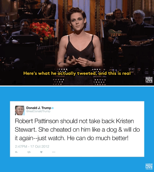 refinery29: Kristen Stewart, who it turns out is an INCREDIBLE Saturday Night Live host, just told Donald Trump off in the most wonderfully gay way Kristen Stewart handed in THE strongest hosting job on Saturday Night Live for the season — scratch that,