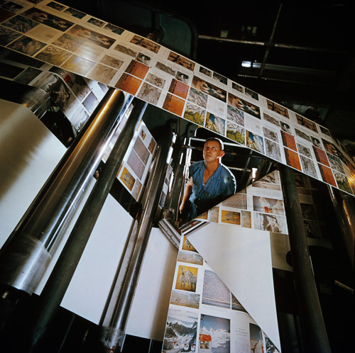 National Geographic pages roll off a press above a printer’s head in Chicago, Illinois, Decemb