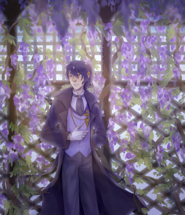 Digital fanart of Gilbert Nightray from Pandora Hearts. It shows Gil inside a wooden pergola overgrown with Wisteria. Gil is a young white man with dark curly hair. Here, he is wearing a white shirt and grey pants alongside a victorian-esque waistcoat and cravat. On top of this, he wears a long dark coat. He wears gloves, a golden earcuff and a brooch in an ornamental diamond shape. He is leaning against the latticework of the pergola and looking up at the hanging purple blossoms of the Wisteria. The plant is growing up along the lattice. Gil's coat is caught on the Wisteria's vines. He is pulling on his brooch's chain with his right thumb, lost in thought. The whole picture is dominated by purples and blues. Light is breaking through the lattice and the flowers growing along the top, casting everything in speckled shadows.