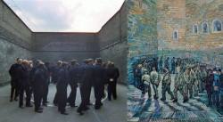 djevojcicasavirslom:  In A Clockwork Orange, the scene after Alex talks with the priest about Ludovico therapy, we see the prisoners marching in a circle around the exercise yard, recreating an 1890 painting by Vincent van Gogh, “Prisoners Exercising