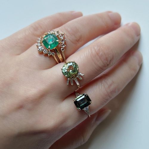 Vibrant greens in emerald, tourmaline, and sapphire to brighten up any stack. . . #emeraldring #sa