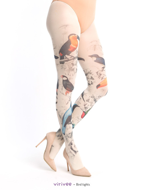 New Colorful birds tights by Virivee  Ivory opaque tights with birds print. Asymmetric pattern, the 