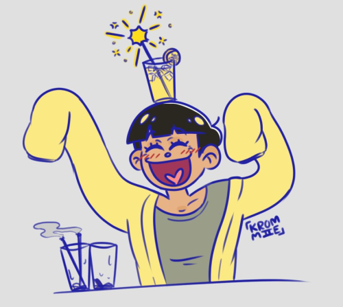 Digital art doodle of Jyushimatsu Matsuno from Osomatsu-san. He's dressed in the outfit he wears in the "I'm Not Letting You Go Tonight" merch set, having multiple cups of the same drink from the merch around him. Jyushi has his hands up, sleeves covering his hands, eyes closed and smile big. A full cup of whatever alcohol he's drinking is balancing on the top of his head, ice floating and the sparkler lit. To his right are 2 cups that have barely-smoking sparklers, some ice, and part of a lemon slice left in the glasses.