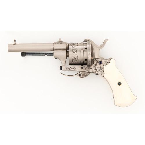 Engaved pinfire revolver with ivory grips, in pipe style leather case, French or Belgian, mid 19th c