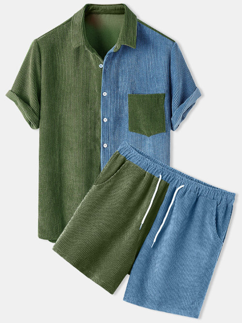 jollytyrantwhispers:Corduroy Solid Patch Pocket Breathable Short Sleeve Shirt & ShortsCheck out 
