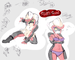 sirphilliam:  She-lgon doodles hahaShe’s never gonna take that helmet off, yo. Part o’ the charm.The black parts of her skin works like a rough hide to protect her from damage while the red skin is noticeably soft. Possibly, softer than human skin.