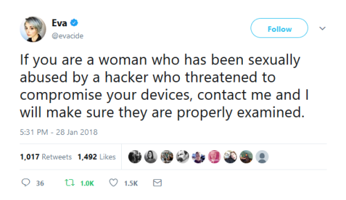 littlewitchlingrowan: anexperimentallife: The director of cybersecurity from the Electronic Freedom Foundation is offering to help women who have been threatened with compromise of their devices.  I better see EVERYBODY reblogging this 