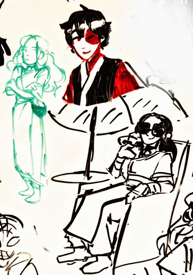 Whiteboard doodles of Katara and Zuko