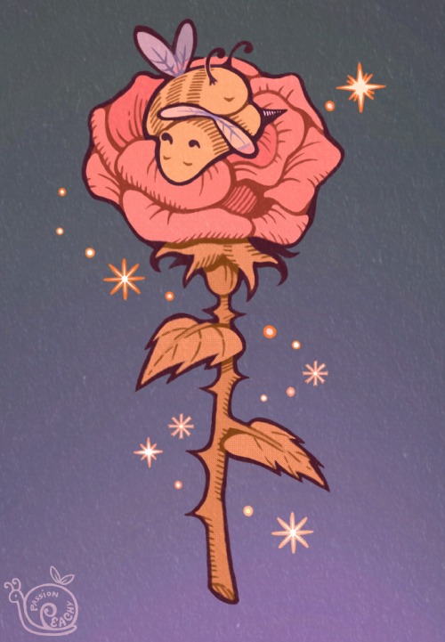 2 bees sleep snuggled on top of eachother on a single pink rose. Sparkles surround them on a purple gradient background.
