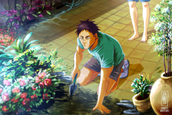 jeannetteleven:  Plant loversSome Iwaoi, mostly Iwa-chan, taking care of their plants.I was sad and i needed plants, color and my seijou kids! &lt;3