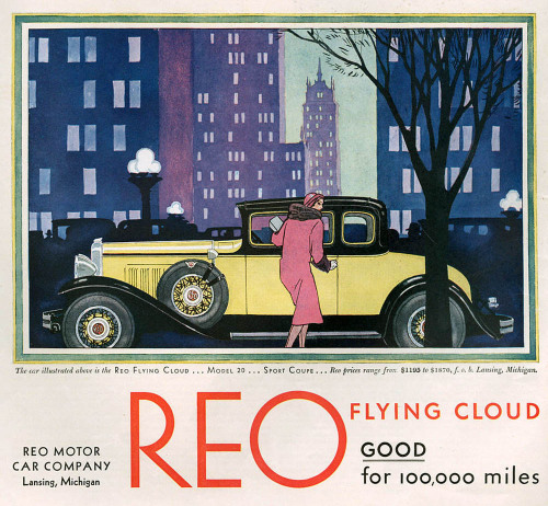 Glamorous cars in glamorous places. An ad for Reo automobiles, 1930s.Source: Advertising Archives vi