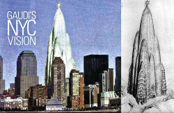 hyperallergic:  The Catalan Modernist architect Antoni Gaudi proposed a castle-like structure of conical towers rising some 1,100 feet into the sky for New York back in the very early 20th C. Curbed writes:  It was envisioned as a downtown playhouse