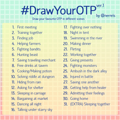 nerrelsdraw: My prompt list for next month!Goal: Draw your fav OTP (ship/pairing/couple) for a month