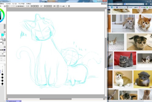 Drawin’ Cyclonyan and Tailgate-nyan on my new Cintiq. Kitties!!!  Cyclonyan = Persian? Tailgate-nyan = Munchkin