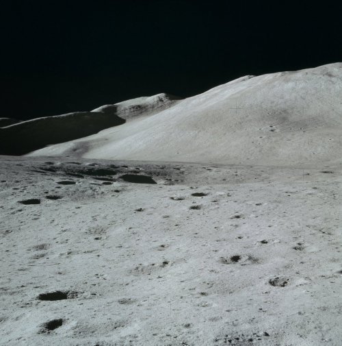 Apollo 15 Pan frame by Scott showing Hadley Delta / Silver Spur. Scott’s Standing EVA from the top d