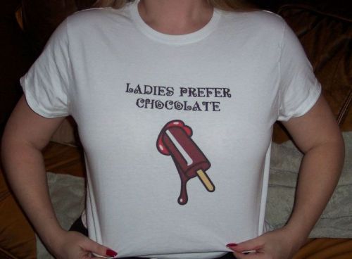 harmonikalifornia: cuckoldtoys: Ladies prefer chocolate. Another shot of my tits in a BBC t-shirt.