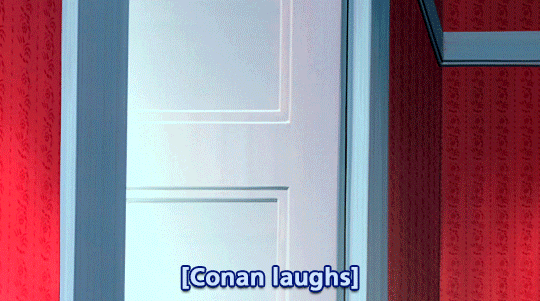 A GIF from the 10th Detective Conan/Case Closed film, "The Private Eyes' Requiem." Heiji carries Conan on his back and exits a room, walking down a hallway. Conan laughs and says, "Really..." Heiji then adds, smiling as he says it, "I guess that means this case is closed, right?"