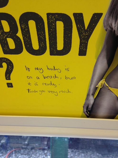 phemur:  Protein World’s ad campaign, which features a woman in a bikini and various products in the company’s “weight loss collection,” asks the question: Are you beach body ready? This has sparked an online backlash in which more than 40,000