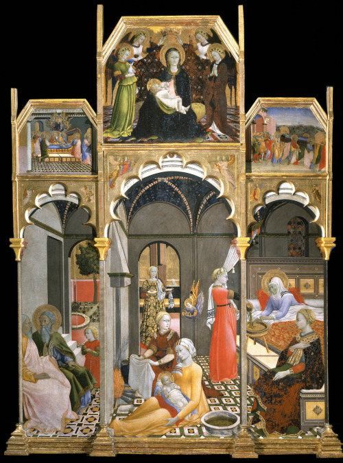 gonzague-de: Birth of the Virgin;  Stories of the life of the Virgin,   1437-39 Sano di Pietro tempera on wood panel        72x222 cm Palazzo Corboli Museum, Asciano  