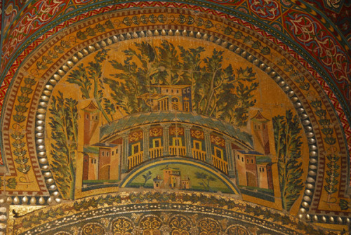 artofthedarkages: Mosaics depicting trees and architectural landscapes on the interior and exterior 