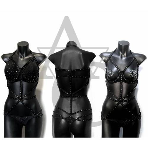 Black diamond strappy bodysuit for the lovely Pandora Cherie ♡ FOLLOW ➡ www.facebook.com/asphyxiacou